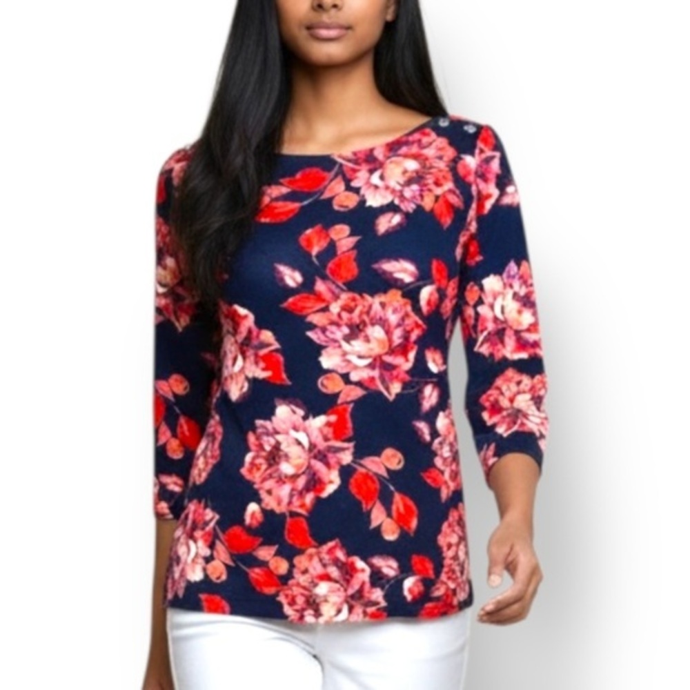 4/$20 Croft & Barrow Navy Floral 3/4 Sleeve Knit Top XS